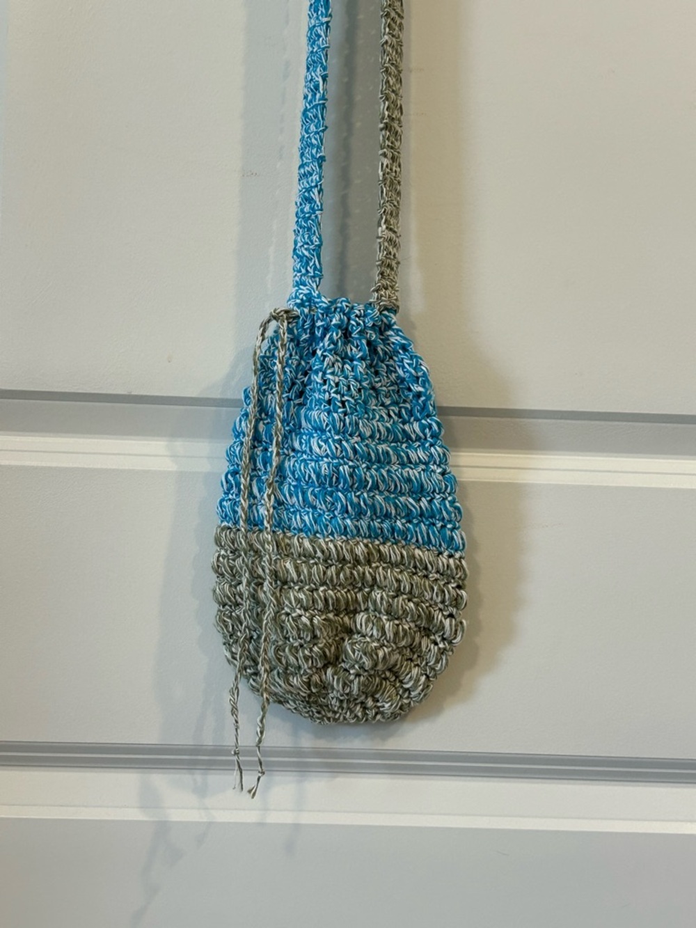 Hand Crafted Blue and Gray Crocheted Drawstring Crossbody Bag